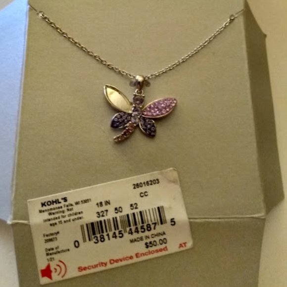 KOHL'S 3pc SET DRAGONFLY COLORFUL CRYSTAL SILVER PLATED NECKLACE + EARRINGS**NEW - Picture 2 of 4